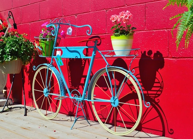 bicyclette ancienne rouge avec des fleurs